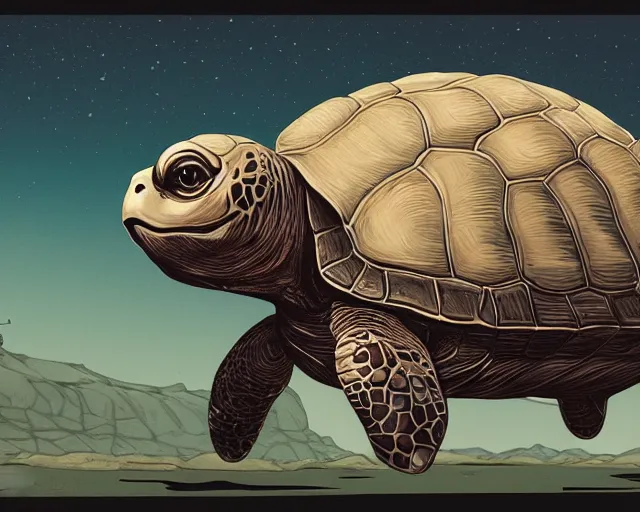 Prompt: a study of cell shaded cartoon turtle with a video camera for a head and 6 legs, on a desert road, illustration, wide shot, subtle colors, post grunge, concept art by josan gonzales and wlop, by james jean, victo ngai, highly detailed, sharp focus, trending on artstation, hq, deviantart, art by artgem