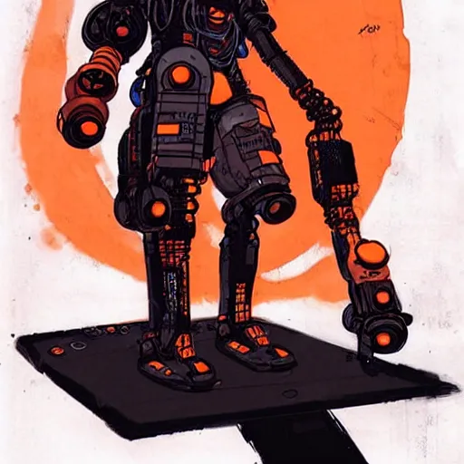 Image similar to cyberpunk athlete dude with robotic feet. orange and black color scheme. concept art by james gurney and mœbius. apex legends character art