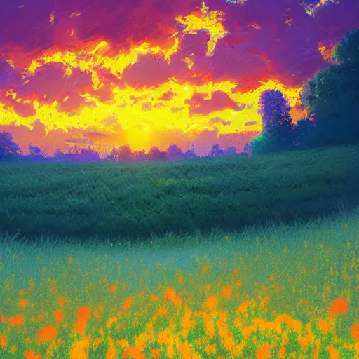 Image similar to who cared, flower field, beautiful sunset on a summer day light, impressionist painting, colorful clouds, blue sky, digital painting, artstation, simon stalenhag