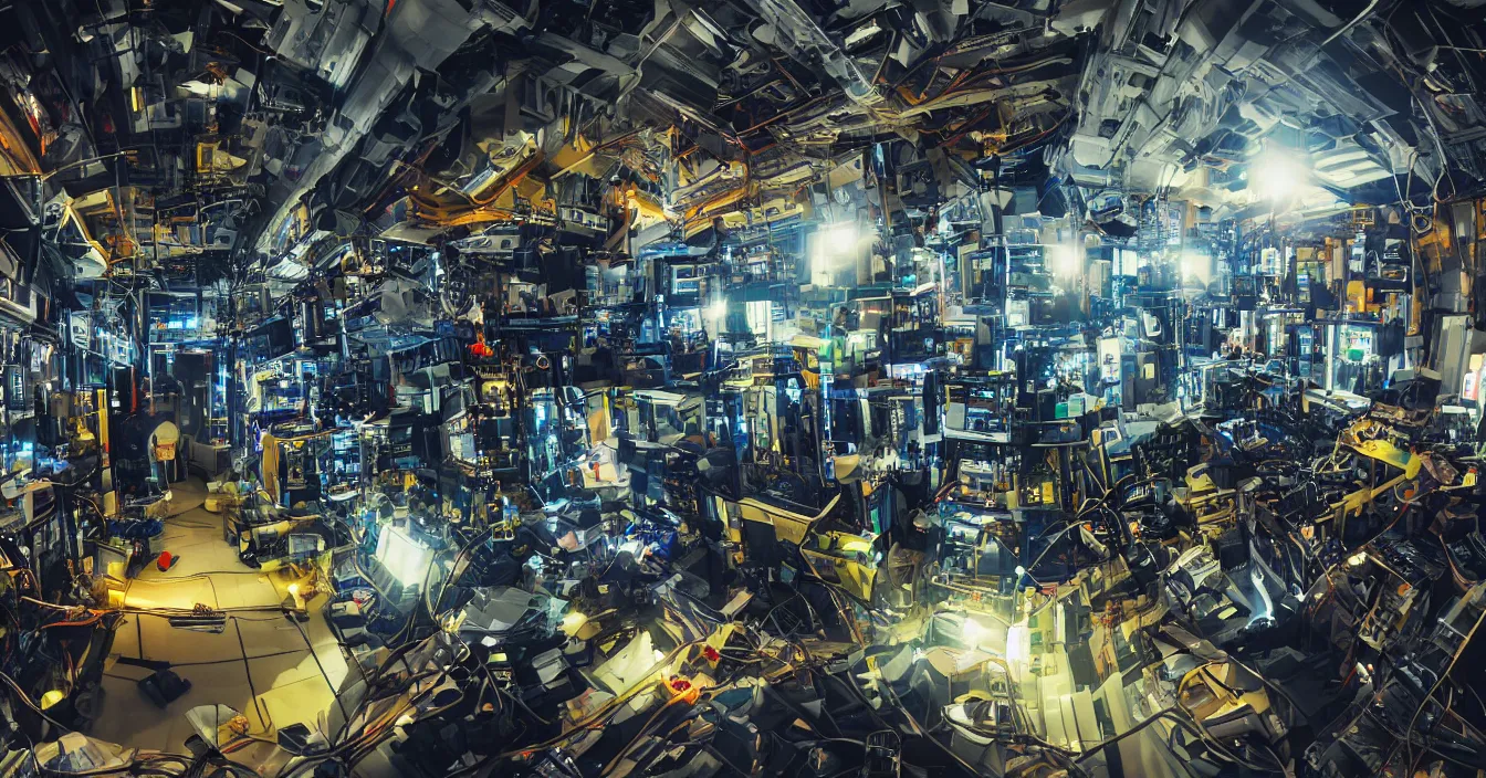 Prompt: Realistic wide photo of a room interior of hardware Engineer and scientist from future, full of various electronic hardware components, devices and instruments, incredible sharp details, light contrast, dramatic dark atmosphere, bright vivid colours, reclections, metal speculars, Digital Domain, ILM, journalistic photography