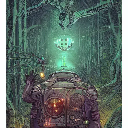 Prompt: Stunningly intricate illustration of cyberpunk hand reaching out to beautiful glowing robotic butterfly, lush forest in background, highly detailed, midnight, by Laurie Greasley, Victo Ngai, James Gilleard , Moebius,