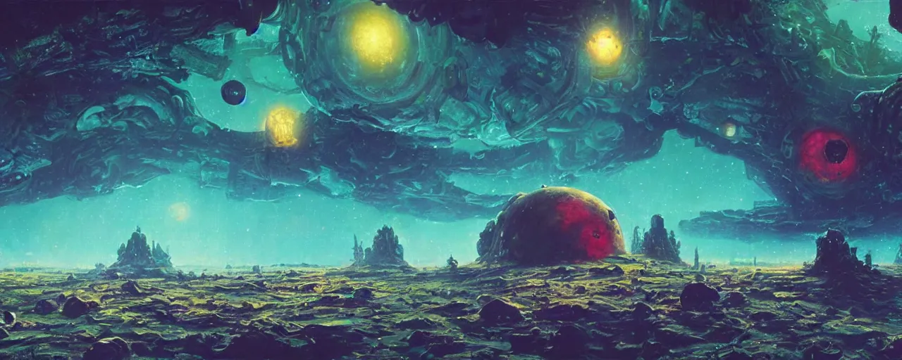 Image similar to ” outer planet made of jelly, [ art by paul lehr, cinematic, detailed, epic, widescreen, opening, establishing, mattepainting, photorealistic, realistic textures, octane render ] ”