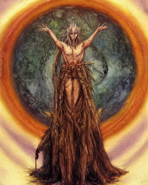 Image similar to a druid standing in a circle at the beginning of the world by brian froud