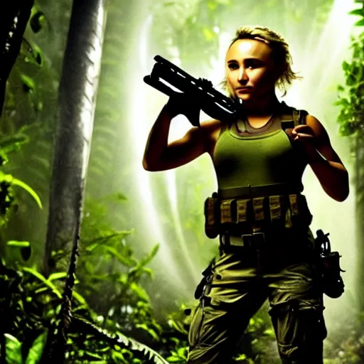 Image similar to cinematic scene with hayden panettiere as a commando in the jungle joining the ballte, action scene, dramatic, small details, volumetric lighting, ground mist, smoke, still frame