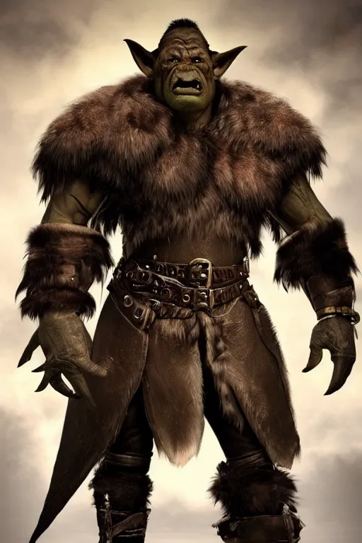 Image similar to A full body shot of a handsome orc looking into the camera wearing a leather fur jacket and boots, full body shot, detailed face, portrait, artstation, realistic, highly detailed, symmetrical, D&D, Dungeons & Dragons, hyper realistic, dynamic pose, high detail, octane render, unreal engine, 8k, fantasy art, highly detailed, concept art