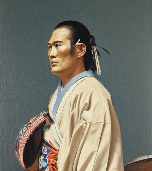 Prompt: official side portrait of a japanese samurai, tom brady, in a new england patriots kimono, 1 8 6 8, a character portrait by cassius marcellus coolidge, reddit contest winner, japanese romantacism, romanticism, oil on canvas, detailed painting, creative commons attribution