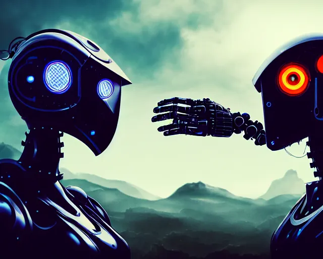 Prompt: two humanoid futuristic robot fighting each other, landscape, Cyberpunk, Steampunk, close up, cloudy, mountains on background, peaceful day