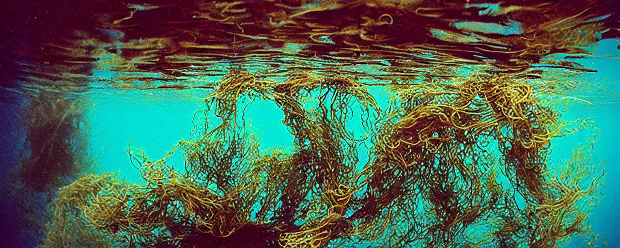 Image similar to spaghetti growing underwater like seaweed, canon 5 0 mm, in the style jacques cousteau, kodachrome