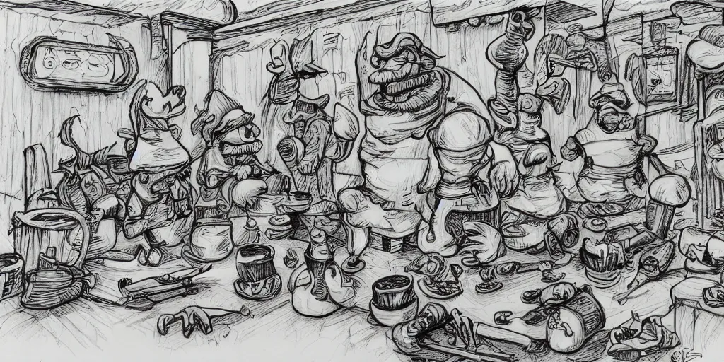 Prompt: high detailed color drawing of smurfs and long white bones black and white, tables, tools, leaking oil, line art, pen & ink drawing