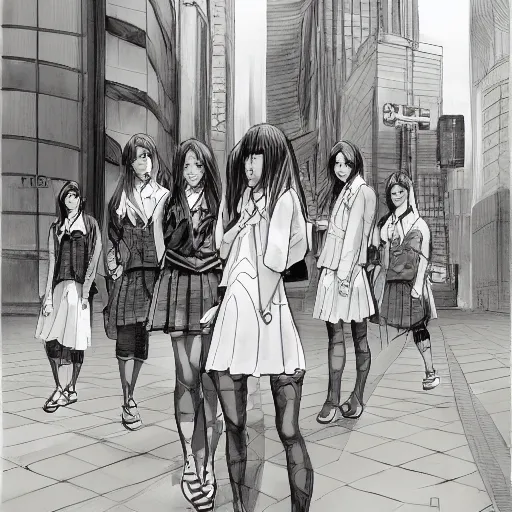 Prompt: a perfect, realistic professional digital sketch of a Japanese schoolgirls posing in a sci-fi cityscape, style of Marvel, full length, by pen and watercolor, by a professional American senior artist on ArtStation, a high-quality hollywood-style sketch, on high-quality paper