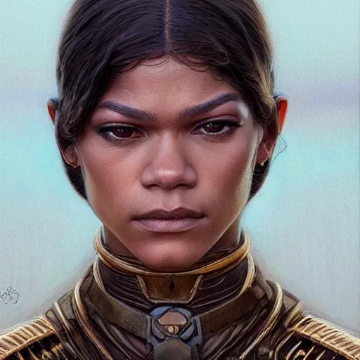 Image similar to zendaya as played in dune, closeup portrait art by donato giancola and greg rutkowski, realistic face, digital art, trending on artstation, symmetry!!