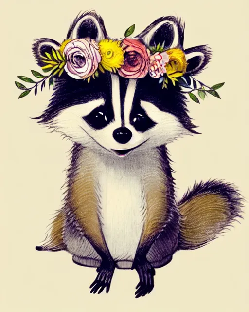 Prompt: a storybook illustration of a smiling happy cute raccoon wearing a flower crown, by antoine de saint - exupery and annabel kidston and naomi okubo and jean - baptiste monge. a child storybook illustration, muted colors, soft colors, low saturation, fine lines, white paper