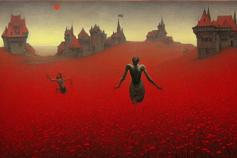 Image similar to only with red, red flowers of different types, a red tiger, a castle in the background, medieval demons dance over the flowers, an ancient path, in the style of beksinski, part by hopper, part by rodcenko, part by hofbauer, intricate composition, red by caravaggio, insanely quality, highly detailed, masterpiece, red light, artstation