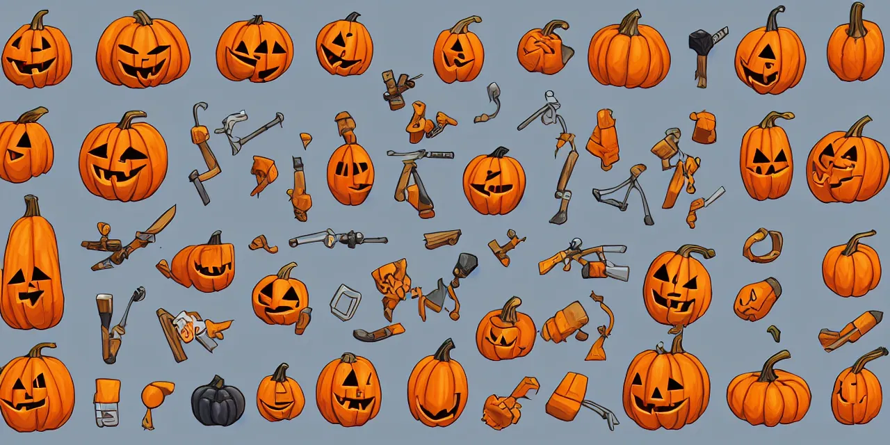 Prompt: game asset sheet, 2 d sprite, pumpkin bombs, material study