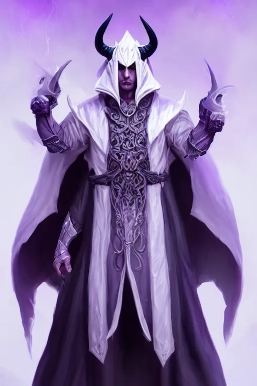 Prompt: man male demon, full body white purple cloak, warlock, costume design, black eyes, white horns, trending on artstation, Artgerm , WLOP