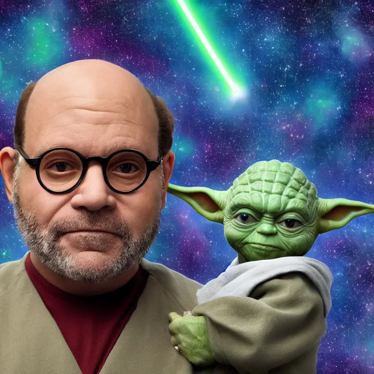 Image similar to a george costanza and yoda hybrid from star wars, high quality portrait photoshoot, bokeh, studio lighting, high fashion photoshoot, nebula space background, 8 k