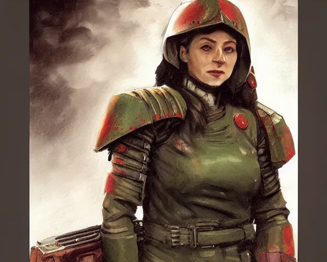 Prompt: portrait of young bolshevik leader nadezhda konstantinovna krupskaya as a doomguy, hd shot, digital portrait, beautiful, artstation, comic style, by artgerm, guy denning, jakub rozalski, magali villeneuve and charlie bowater