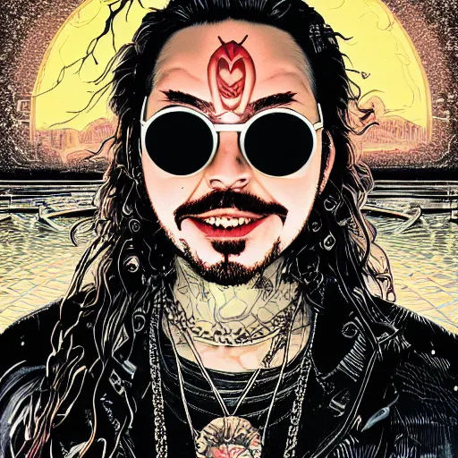 Prompt: portrait of crazy post malone with round digital sunglasses, vampire, symmetrical, by yoichi hatakenaka, masamune shirow, josan gonzales and dan mumford, ayami kojima, takato yamamoto, barclay shaw, karol bak, yukito kishiro