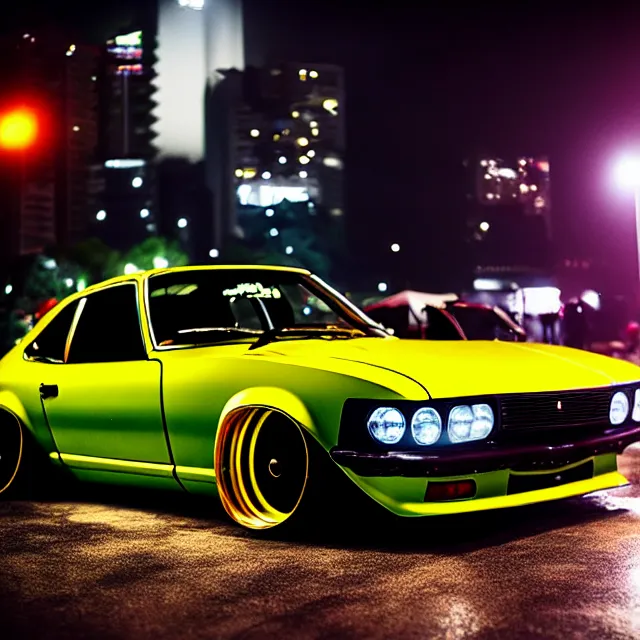 Prompt: a car S30 twin turbo drift at illegal car meet, Saitama prefecture, city midnight mist lights, cinematic lighting, photorealistic, highly detailed wheels, high detail