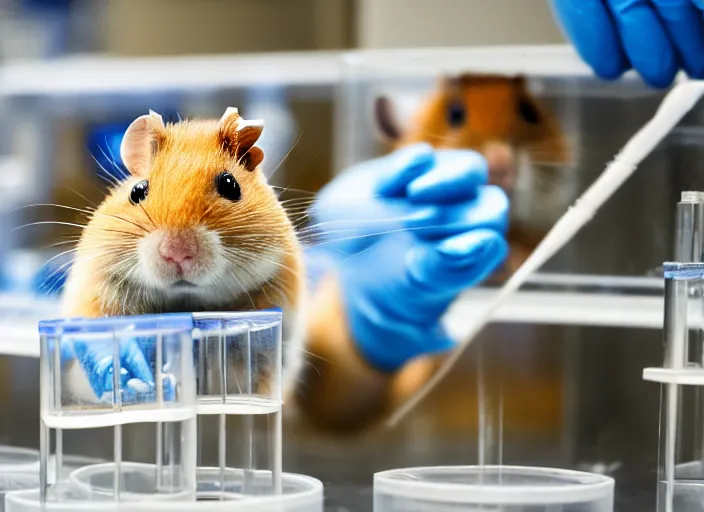 Image similar to film still of a hamster working in a research lab filling test tubes, 8 k