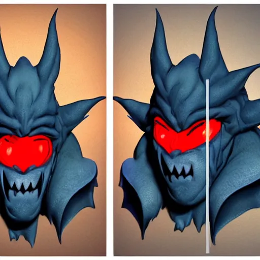 Image similar to front and back character view of scary, giant, mutant, mutated, dark blue humanoid bat, glowing red eyes, flying above a stormy ocean, sharp teeth, acid leaking from mouth, realistic, giant, bat ears, bat nose, bat claws, bat wings, furred, covered in soft fur, detailed, trending on artstation clean concept art and sheet that using unreal engine 5 render and hyper detailed 3D texture with cinematic software light 85mm f/1.4