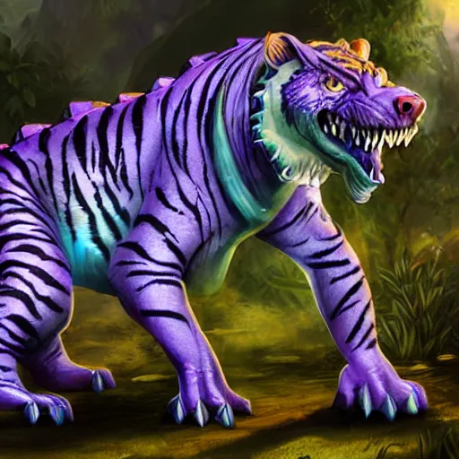 Prompt: violet fantasy crocodile tiger hybrid, fantasy game art, fantasy rpg, league of legends