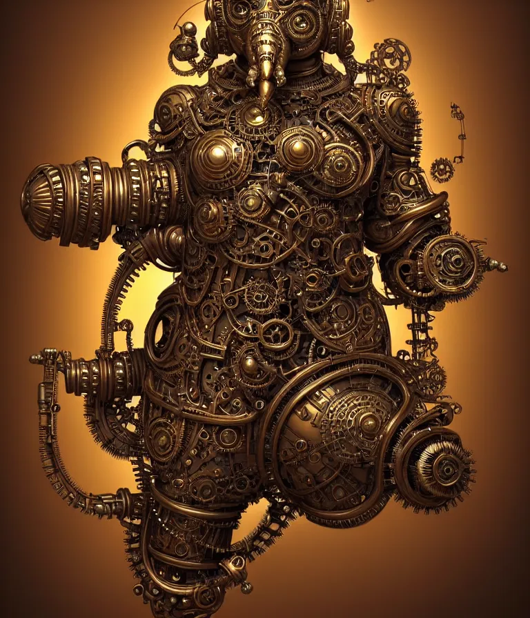 Image similar to steampunk cybernetic biomechanical ganesha, front facing, symmetric, 3 d model, very coherent symmetrical artwork, unreal engine realistic render, 8 k, micro detail, intricate, elegant, highly detailed, centered, digital painting, artstation, smooth, sharp focus, illustration, artgerm, tomasz alen kopera, wlop