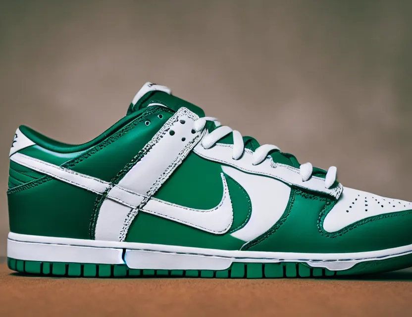 Image similar to a press photograph of nike dunk low pine green and white, size 1 0, white background