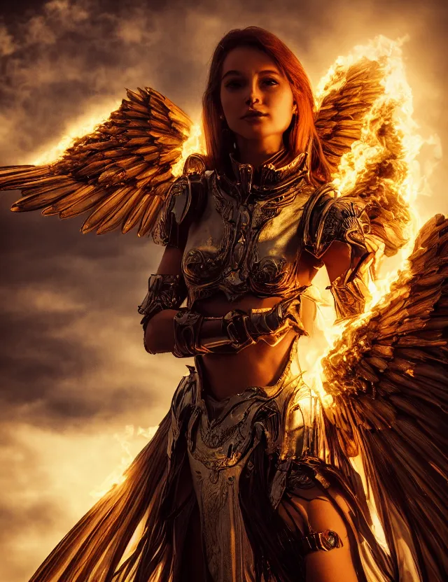 Image similar to Portrait of a photogenic beautiful woman in angelic battle armor and wings, wielding a flaming sword, among the clouds, golden hour photography, cinematic, epic, 4k, stylized, hyperrealism