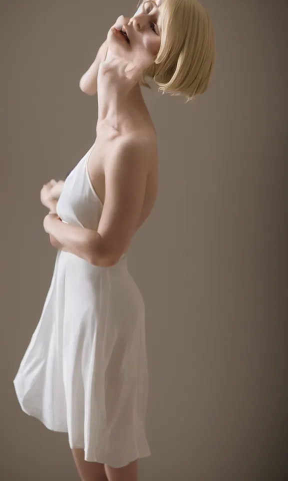 Image similar to photo of gorgeous seductive tall emily skinner cosplaying annie leonhart wearing elegant white dress, wearing open toe heels, in a white room, beautiful face, pale skin, rule of thirds, cinematic lighting, sharp focus, backlit, stunning, smooth, hard focus, full body shot, studio photo, shot on sony a 7 iii