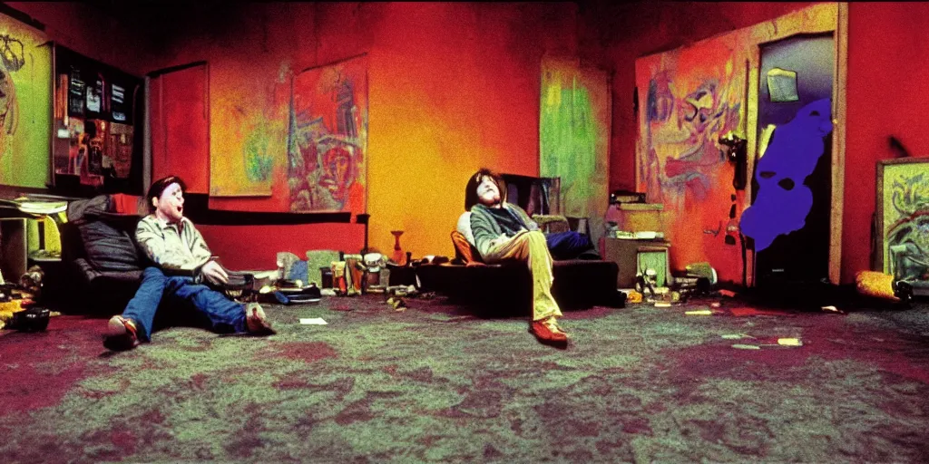 Image similar to award winning photo of BILL HICKS TRIPPING ON LSD in new york, vivid colors, happy, symmetrical face, beautiful eyes, studio lighting, wide shot art by gregory crewdson and francis bacon