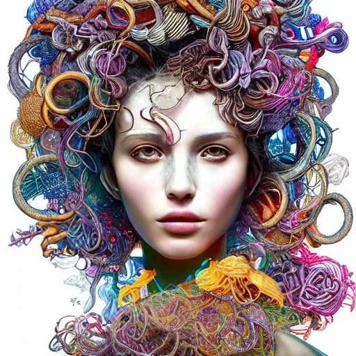 Image similar to the portrait of a ridiculously beautiful and elegant woman partially made of onion rings of all colors, an ultrafine detailed illustration by james jean, final fantasy, intricate linework, bright colors, behance contest winner, vanitas, angular, altermodern, unreal engine 5 highly rendered, global illumination, radiant light, detailed and intricate environment