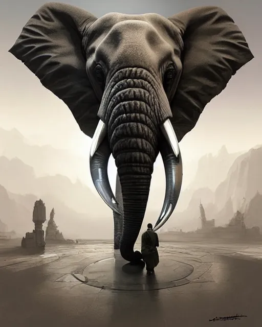 Image similar to elephant cyborg painted by escher volumetric lighting, back lighting, rimlight, dramatic lighting, digital painting, highly detailed, artstation, sharp focus, illustration, Artgerm, Jean-Léon Gérôme , ruan jia