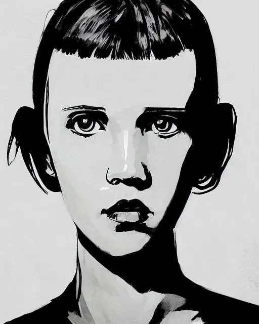 Image similar to close up portrait of millie bobby brown by yoji shinkawa, black and white, high contrast