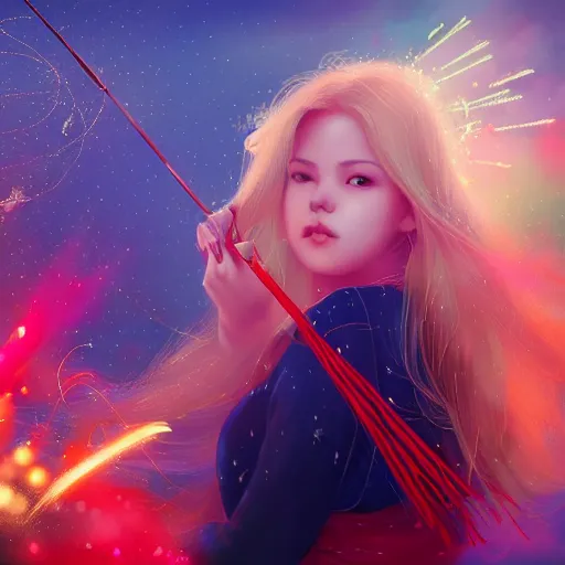 Image similar to colorful and festive captivating teenager girl with blonde hair, red japanese traditional clothes, shooting a firework with bow and arrow at the sky. rich vivid colors, ambient lighting, dynamic lighting, 4 k, atmospheric lighting, painted, intricate, highly detailed by charlie bowater