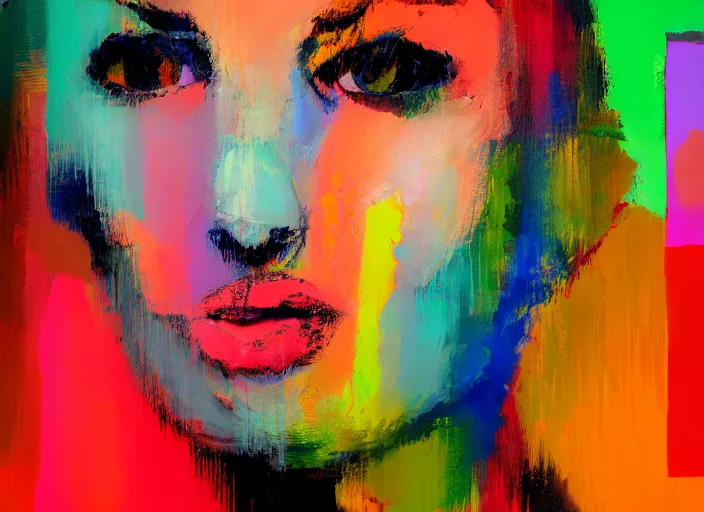 Image similar to Portrait of woman made of paint impasto abstract Rothko in background, portrait in the style of Gerhard Richter, palette knife, paint, blurred, chromatic dispersion