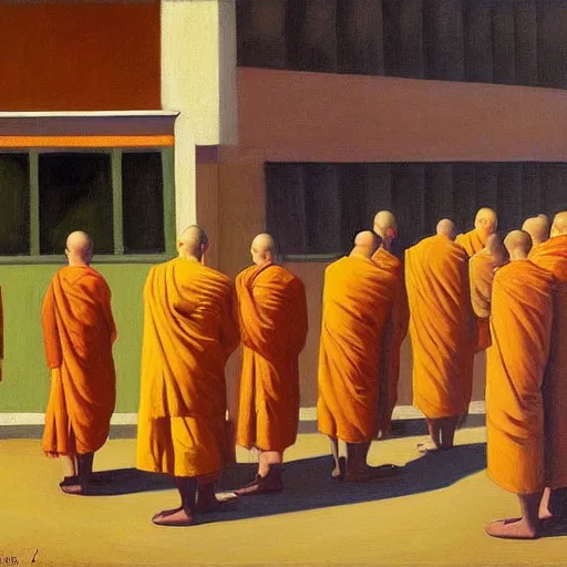 Image similar to monks queue up for ice cream, grant wood, pj crook, edward hopper, oil on canvas