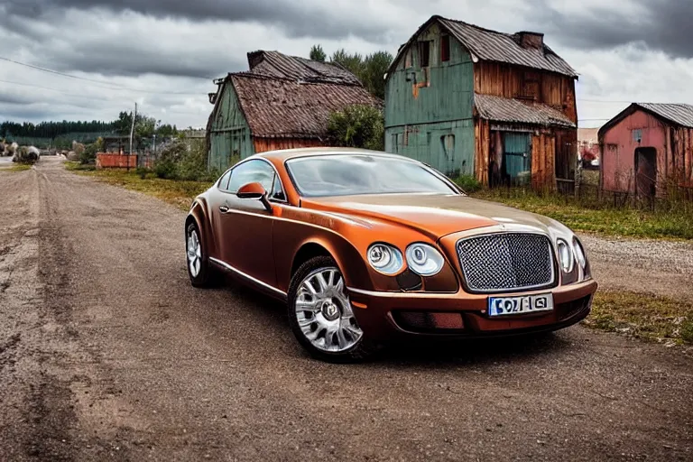 Prompt: rusty Bentley Continental GT drives along the road of an old Russian village with houses at the edges