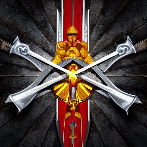 Image similar to game - icon of sword and battleaxe crossed on a prism, red powerful fantasy epic legends, game icon stylized, digital illustration radiating, a glowing aura, global illumination, ray tracing, 8 k high definition, intricate details, octane render, unreal engine, trending on arstation