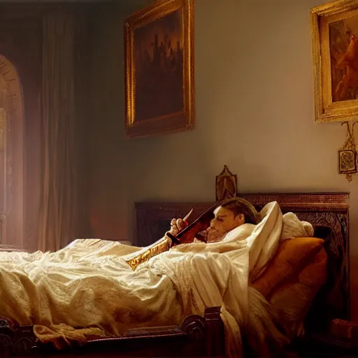 Prompt: the catholic pope in his bed, terrified, because a horned shadow demon is approaching his bed. highly detailed painting by gaston bussiere, greg rutkowski, craig mullins 8 k