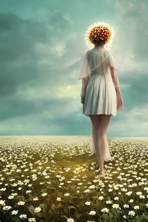 Image similar to giant white daisy flower crown head, veil girl walking in a flower field, surreal photography, sunrise, dramatic light, impressionist painting, colorful clouds, digital painting, artstation, simon stalenhag