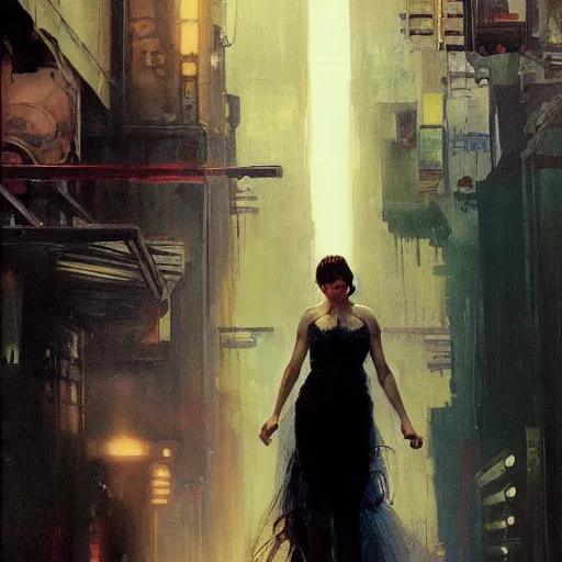 Prompt: ann hathaway, hyperrealistic full figure, bladerunner street alley, art of elysium by frank frazetta and by jeremy mann and by alphonse mucha, fantasy art, photo realistic, dynamic lighting, artstation, full figure poster, volumetric lighting, very detailed face, 4 k, award winning