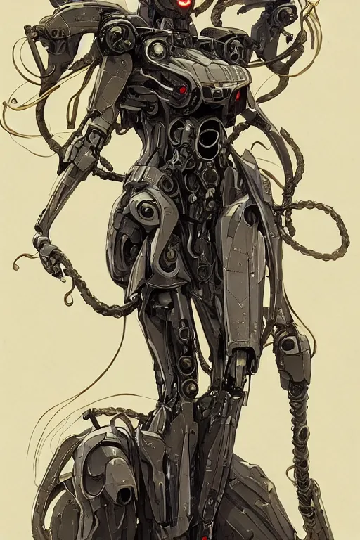 Image similar to very symmetrical!! full body illustrations of mecha, pen and ink, moderately detailed, by james gurney, by greg rutkowski, concept art, deception witch medusa, tentacle, corset, artstation, deviantart, pinterest, unreal engine