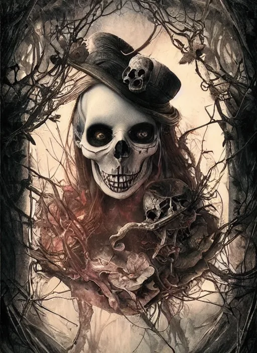 Image similar to Alice in Wonderland,death tarot card,half skull face,highly detailed,cinematic,8k,by Stanley Artgermm,Tom Bagshaw,Greg Rutkowski,Carne Griffiths, Ayami Kojima, Beksinski, Giger,Anne Stokes, Benjamin Lacombe,trending on DeviantArt,hyper detailed,horror, full of colour