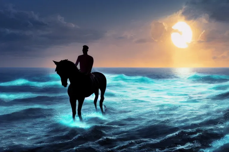 Image similar to photo of man riding a horse along the beach, glowing underwater waves toward a lighthouse in the distance guiding his way, silhouette, wide horizon, large white clouds, seagulls, night, intricate, elegant, highly detailed, digital painting, artstation, concept art, smooth, sharp focus, illustration, art by artgerm and greg rutkowski and fra angelico