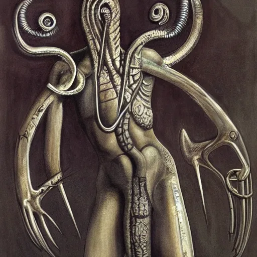 Image similar to a painting of the rod of asclepius by h. r. giger