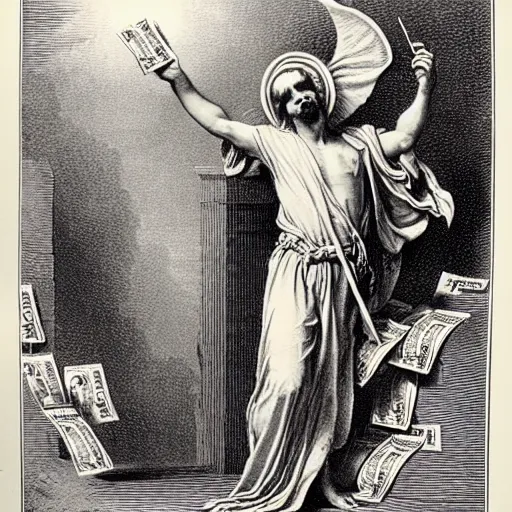 Image similar to british money ascending into heaven holding stacks of cash, biblical image, style of gustave dore, highly detailed, beautiful, high contrast, black and white