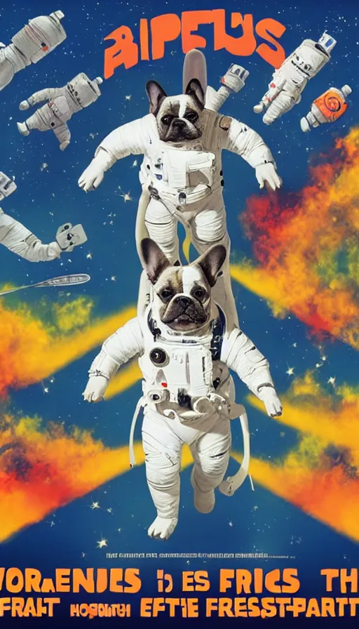 Image similar to movie poster of french bulldogs as astronauts, highly detailed, hyper realistic, large text, bright colours