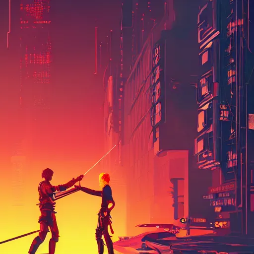 Image similar to jaime lannister and brienne of tarth fighting against a horde of neon zombies, cyberpunk art by james gilleard, cgsociety, retrofuturism, synthwave, retrowave, outrun