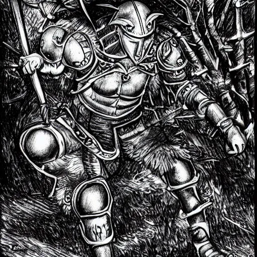 Prompt: A detailed sketch of a medieval warrior in leather armour fighting wolf-like monsters in a dark forest, sun eclipse in the sky, gritty, depressive, rough, Kentaro Miura style, very high-detailed